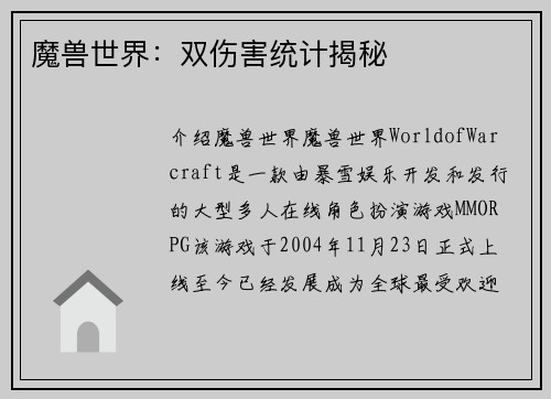 魔兽世界：双伤害统计揭秘